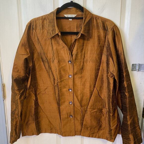 Travel Smith 100% Silk Blouse Jacket Bronze Brown Gold Long Sleeve Button-up SzL - Picture 1 of 7